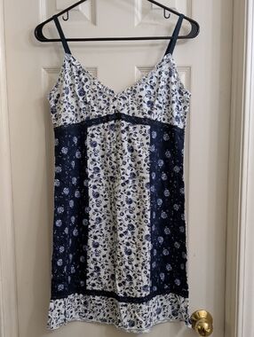 Navy and White Floral Satin Slip with Lace Trim
